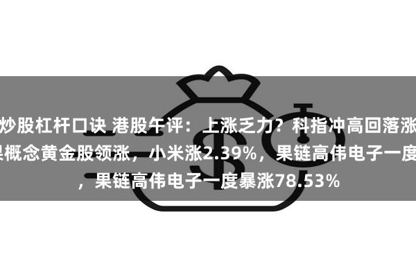 炒股杠杆口诀 港股午评：上涨乏力？科指冲高回落涨2.36%，苹果概念黄金股领涨，小米涨2.39%，果链高伟电子一度暴涨78.53%